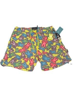 Psycho Bunny Neon Yellow Bunny-Print Men’s Swim Trunks
